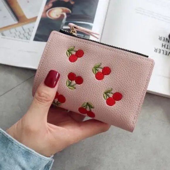 FAUX LEATHER CHERRY BI FOLD MULTI SLOT COIN WALLET PURSE - Picture 8 of 12